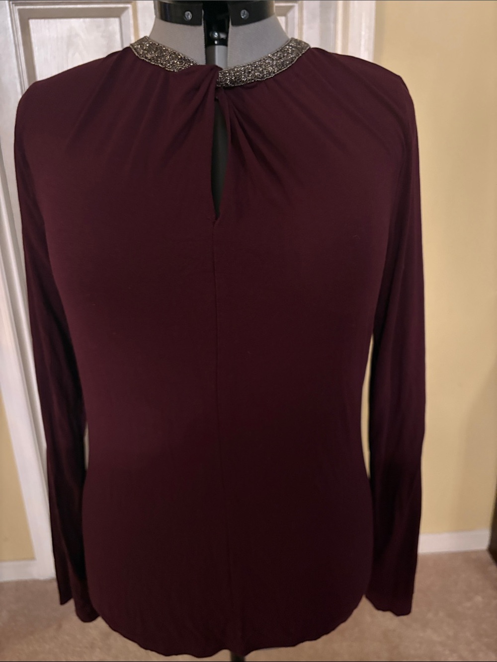 Women's Long Sleeve Jewel-Neck Plum Blouse